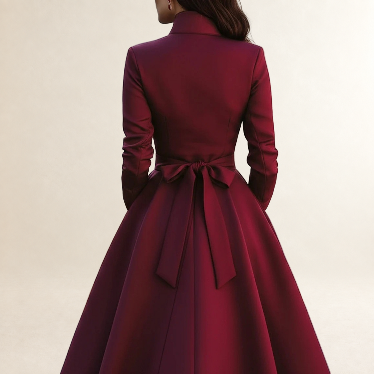 Vestido midi de manga longa para mulheres com colarinho de bandagem, botões e cintura com cinto