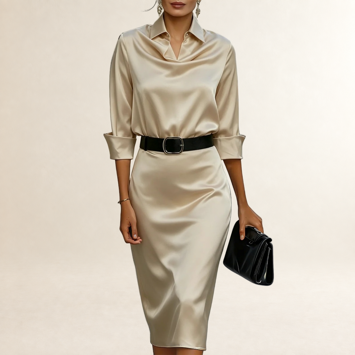 Vestido midi feminino com colarinho drapeado, cintura com cinto e corte ajustado