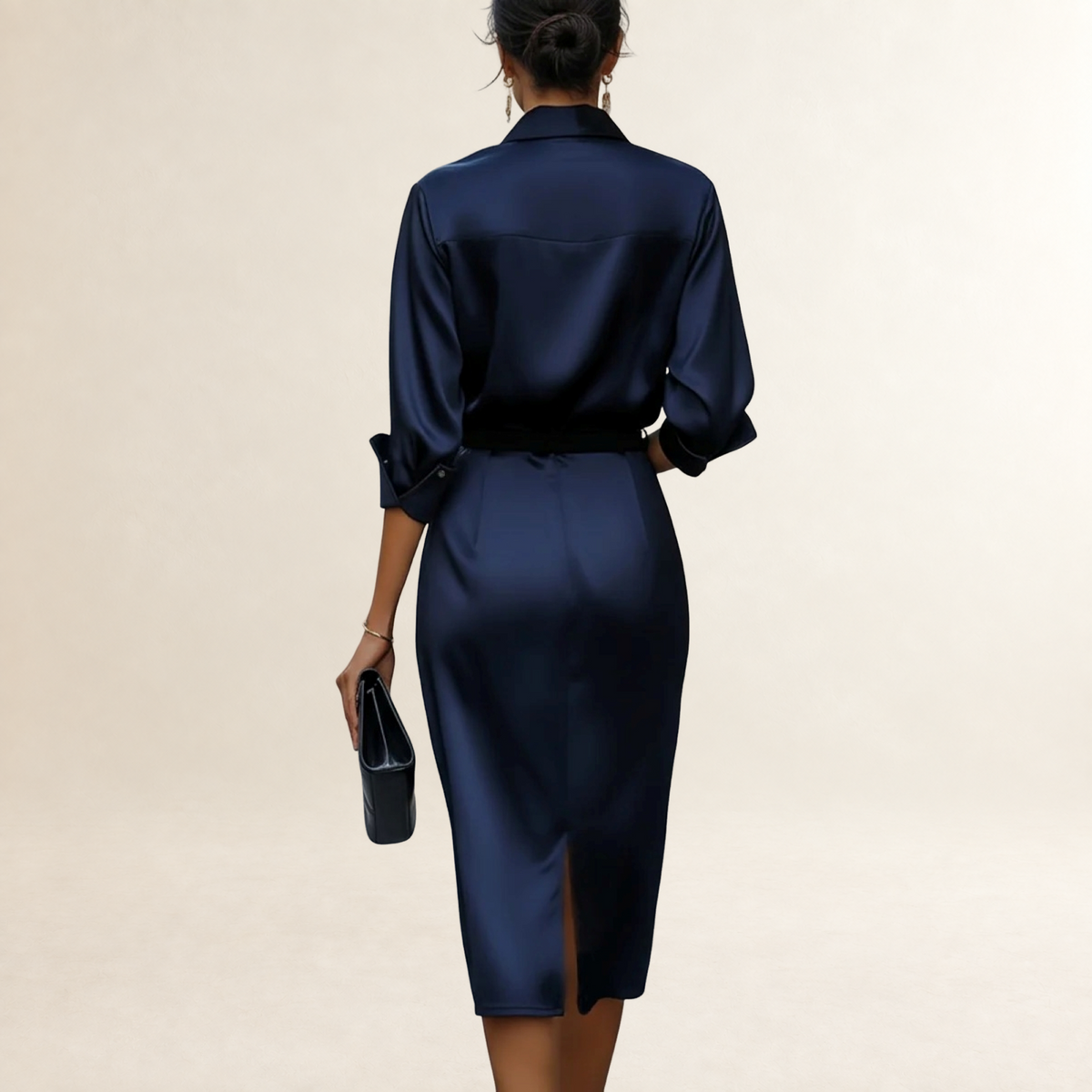 Vestido midi feminino com colarinho drapeado, cintura com cinto e corte ajustado