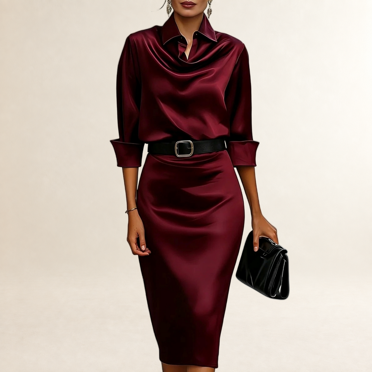 Vestido midi feminino com colarinho drapeado, cintura com cinto e corte ajustado
