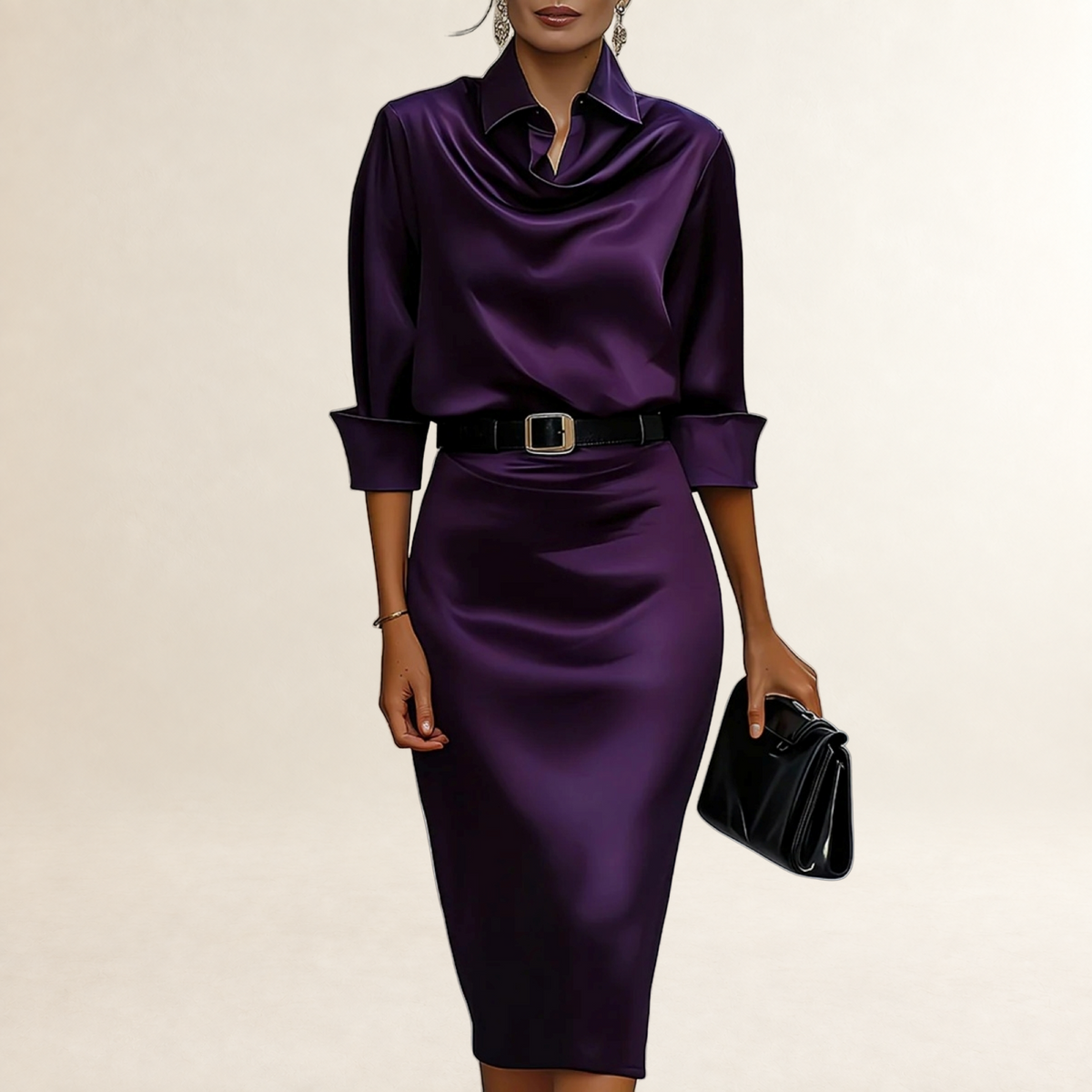 Vestido midi feminino com colarinho drapeado, cintura com cinto e corte ajustado