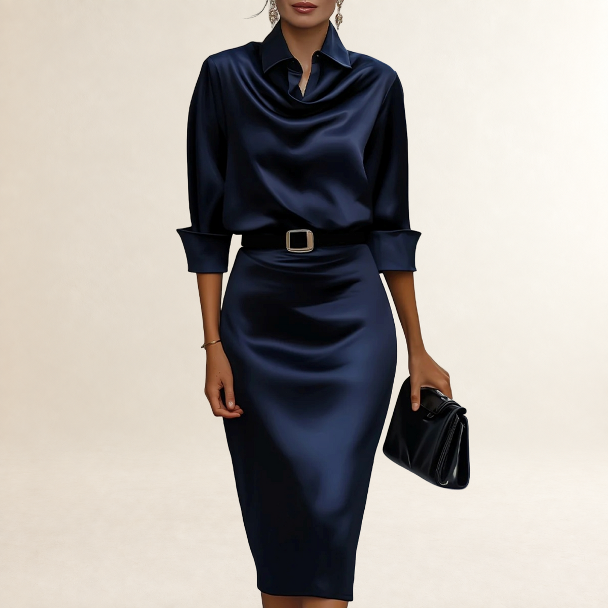 Vestido midi feminino com colarinho drapeado, cintura com cinto e corte ajustado
