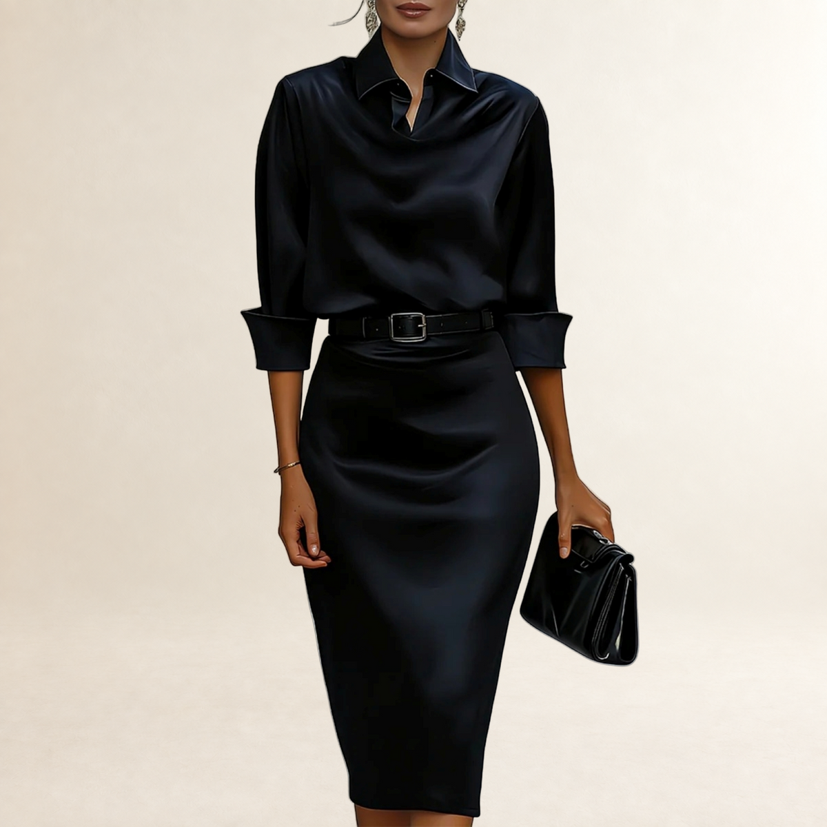 Vestido midi feminino com colarinho drapeado, cintura com cinto e corte ajustado