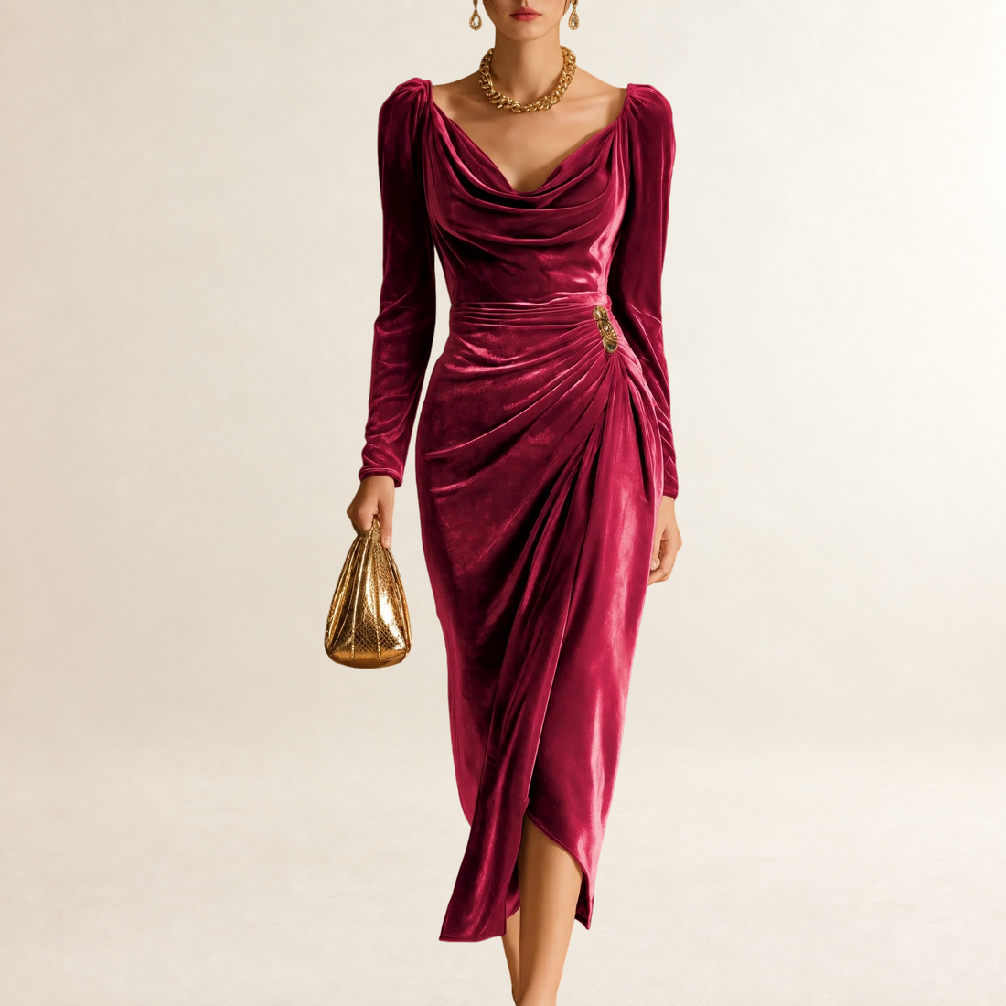 Vestido midi feminino com decote drapeado e mangas longas