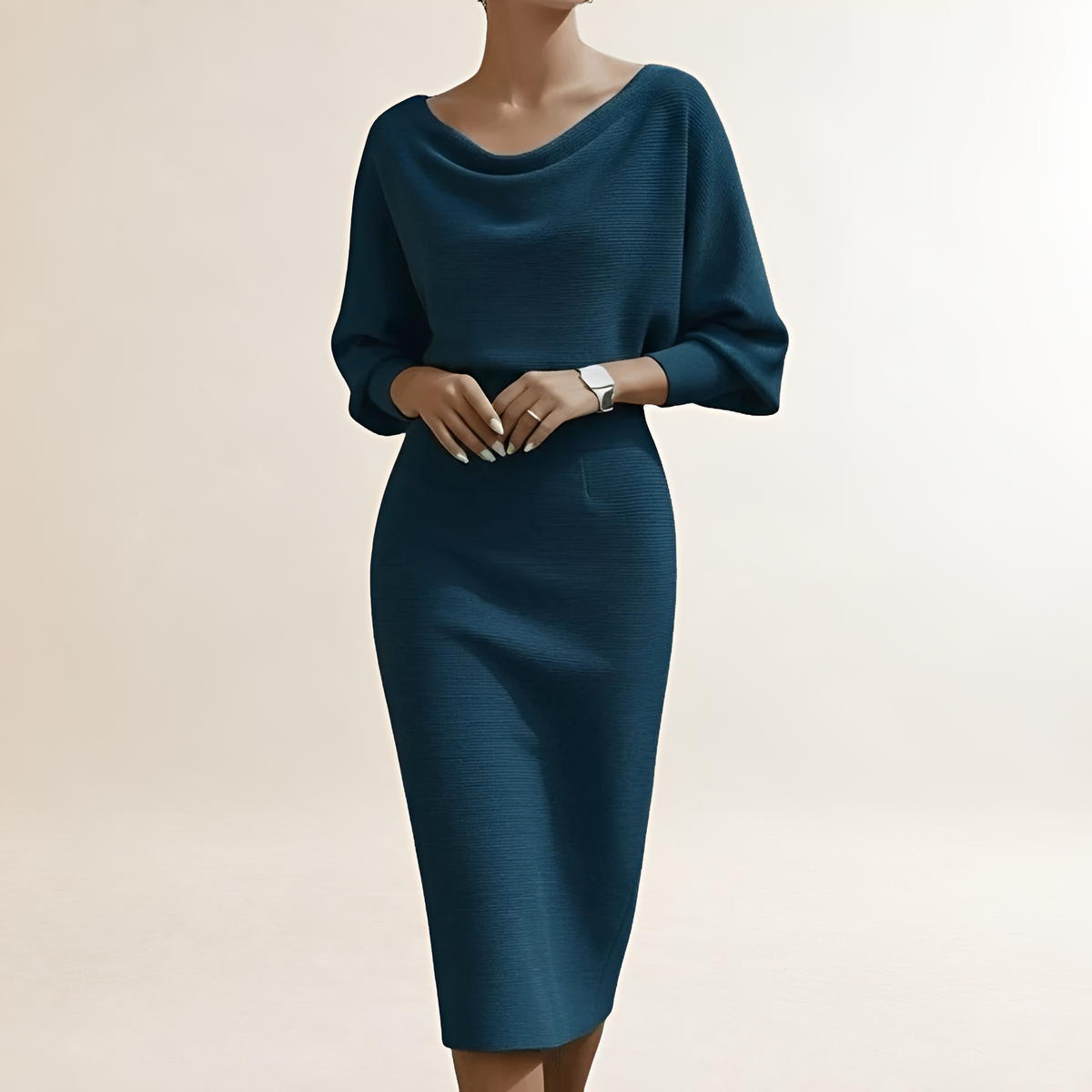 Vestido midi feminino com decote drapeado em c, mangas morcego e ajuste acinturado