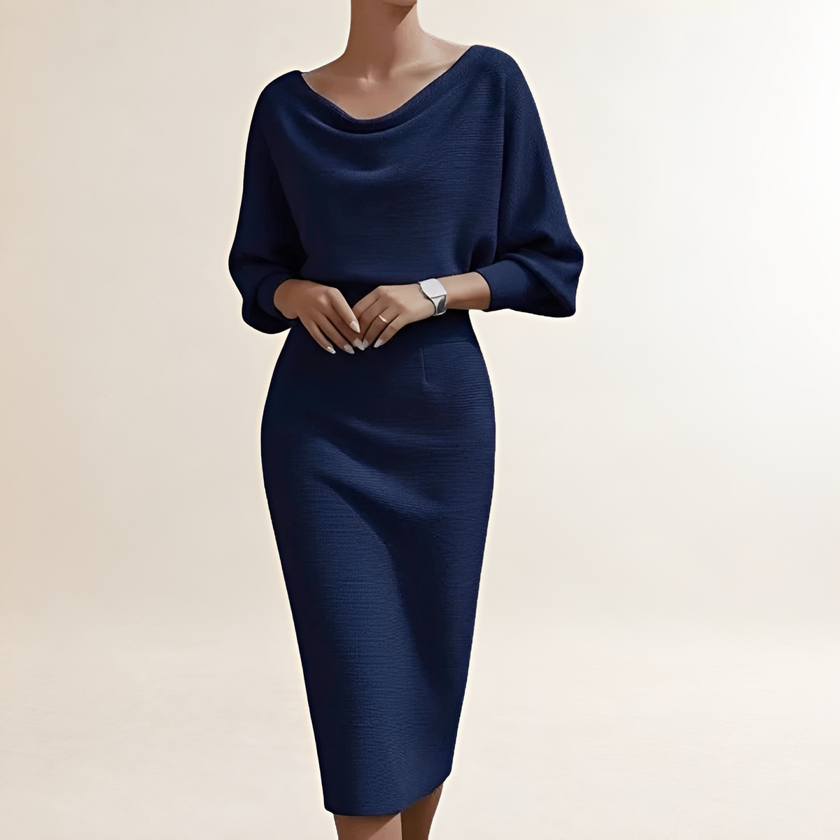 Vestido midi feminino com decote drapeado em c, mangas morcego e ajuste acinturado