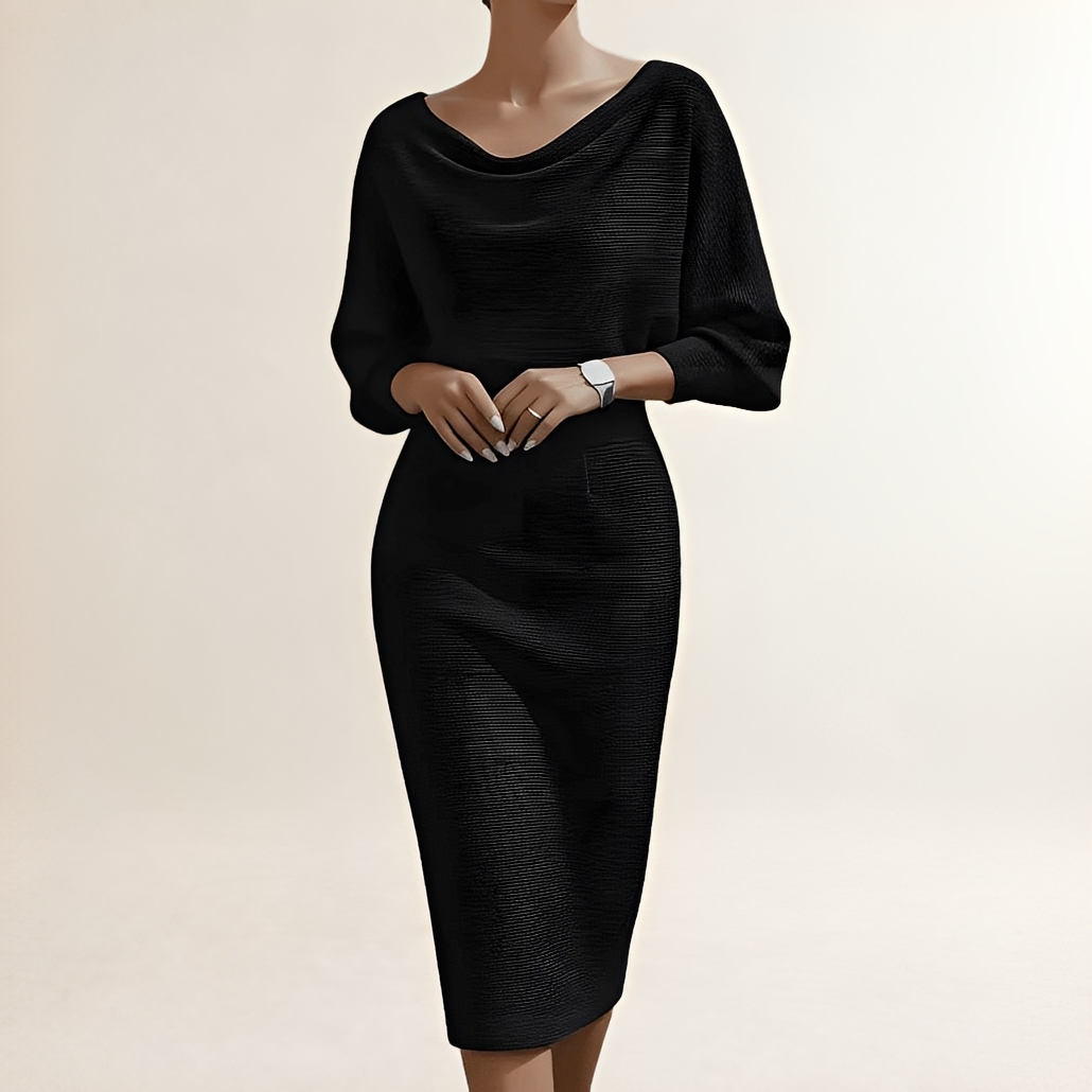 Vestido midi feminino com decote drapeado em c, mangas morcego e ajuste acinturado