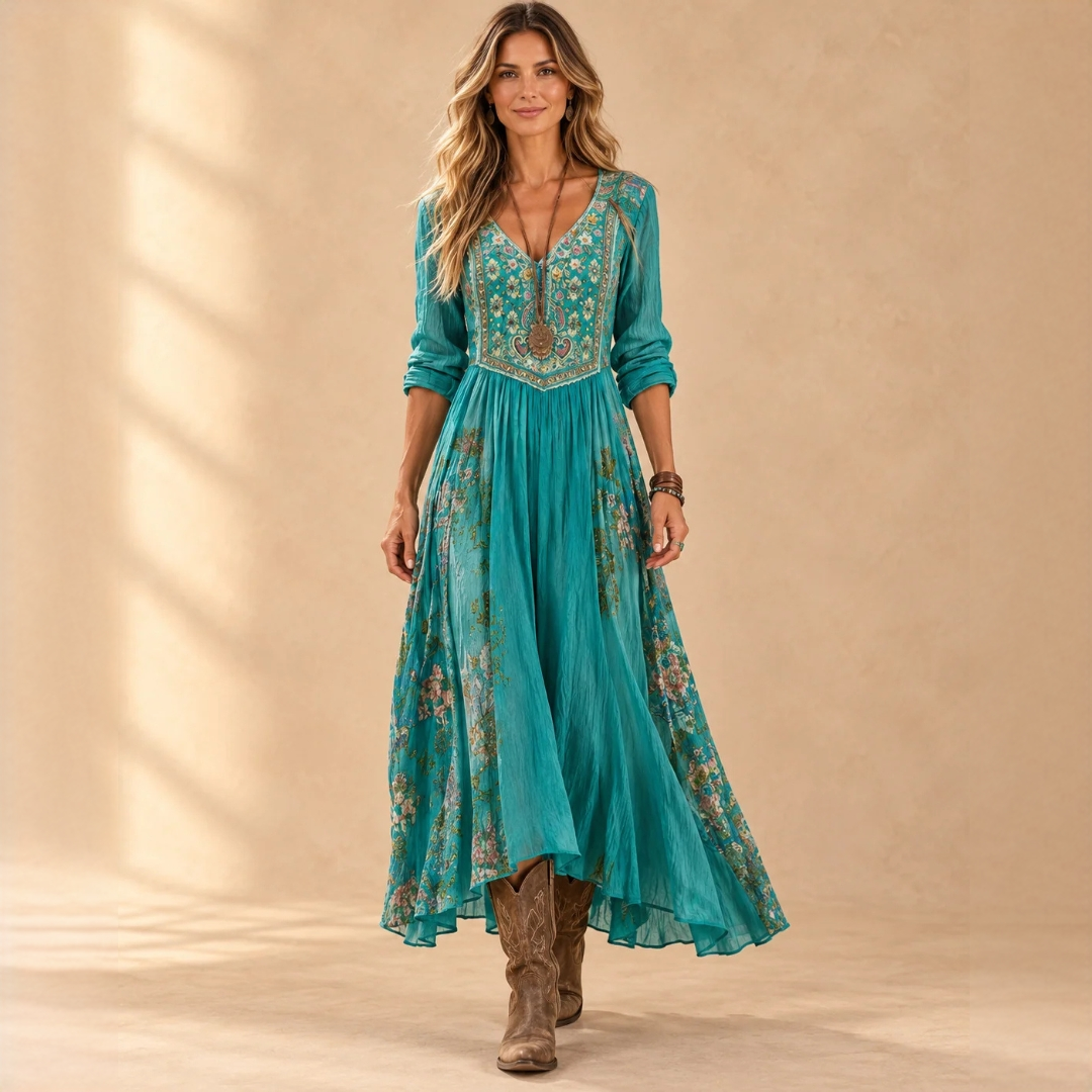 Vestido midi feminino com decote em V e mangas longas - estampa boho patchwork floral, caimento solto