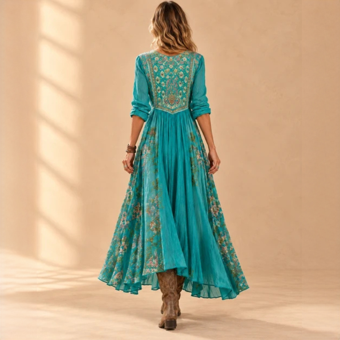 Vestido midi feminino com decote em V e mangas longas - estampa boho patchwork floral, caimento solto