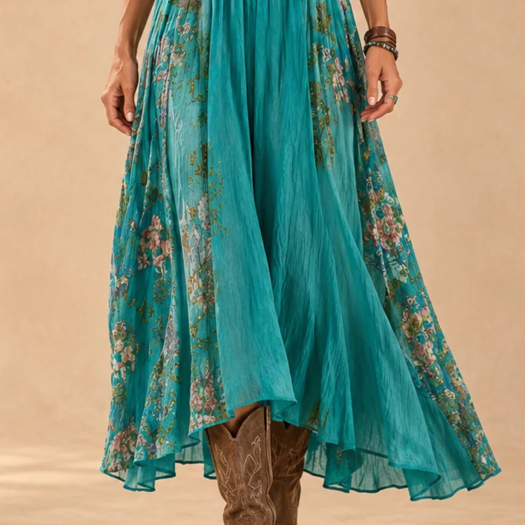 Vestido midi feminino com decote em V e mangas longas - estampa boho patchwork floral, caimento solto