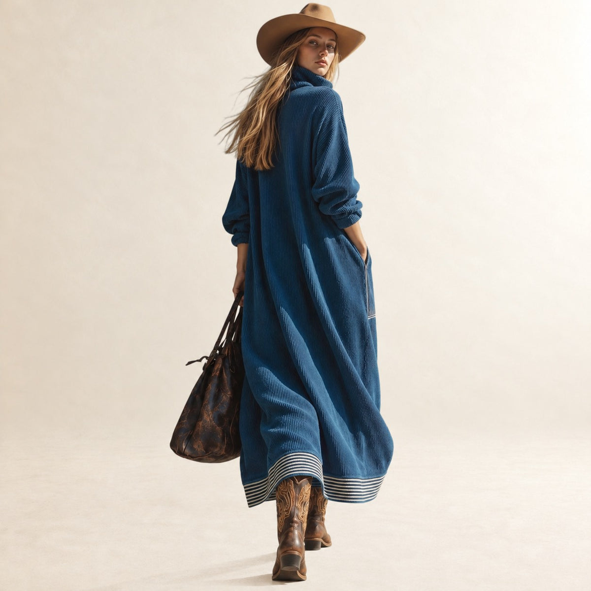 Vestido midi feminino com gola alta, bolsos grandes e corte relaxado