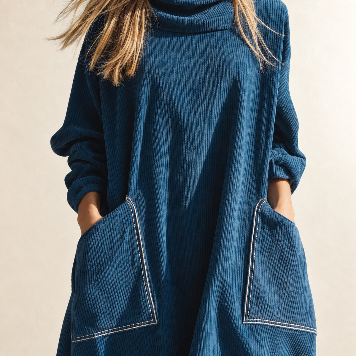 Vestido midi feminino com gola alta, bolsos grandes e corte relaxado
