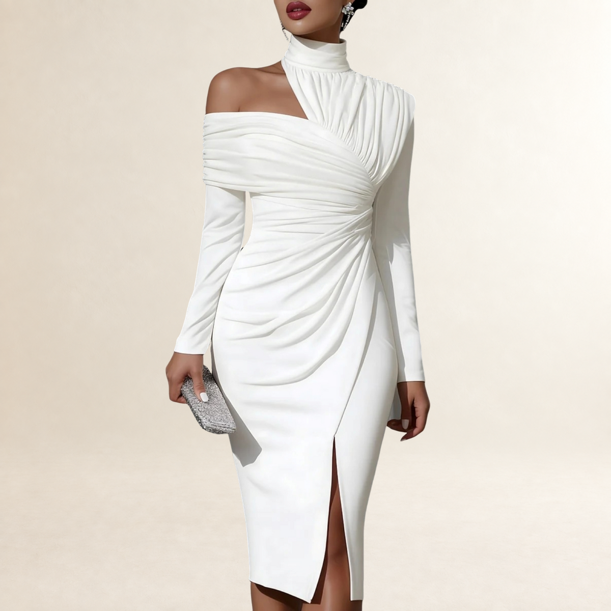 Vestido midi feminino com manga longa, ombro único assimétrico, drapeado e corpo justo