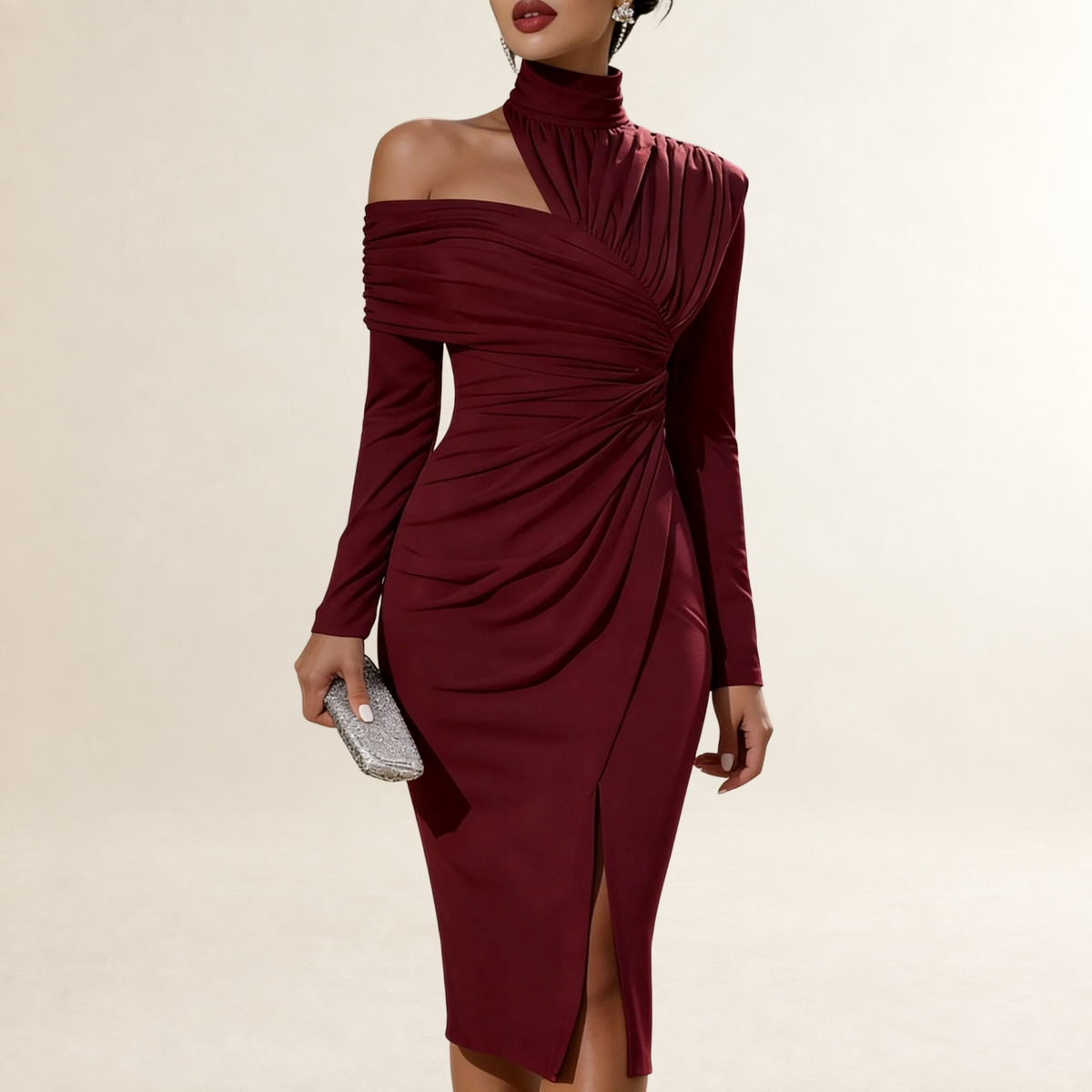 Vestido midi feminino com manga longa, ombro único assimétrico, drapeado e corpo justo