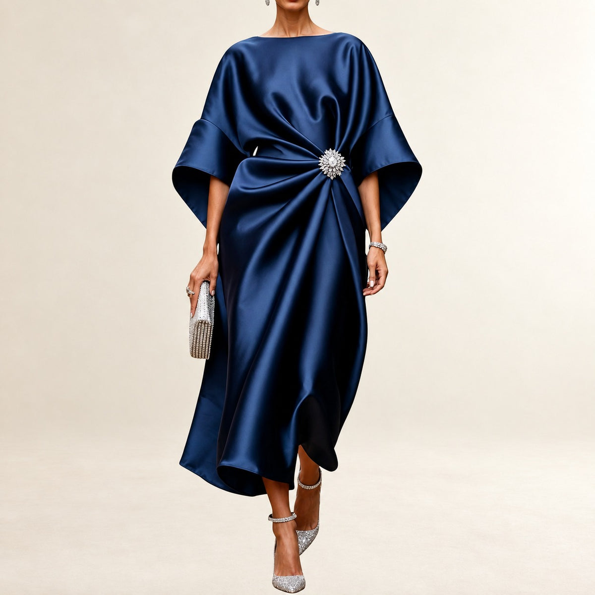 Vestido midi feminino de barco com mangas kimono largas e drapeado lateral com broche