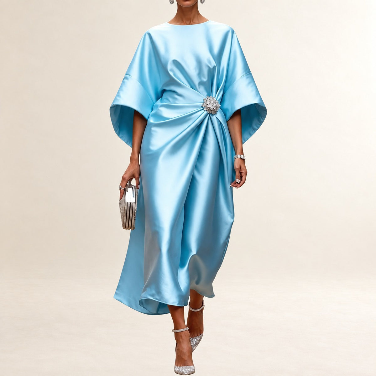 Vestido midi feminino de barco com mangas kimono largas e drapeado lateral com broche