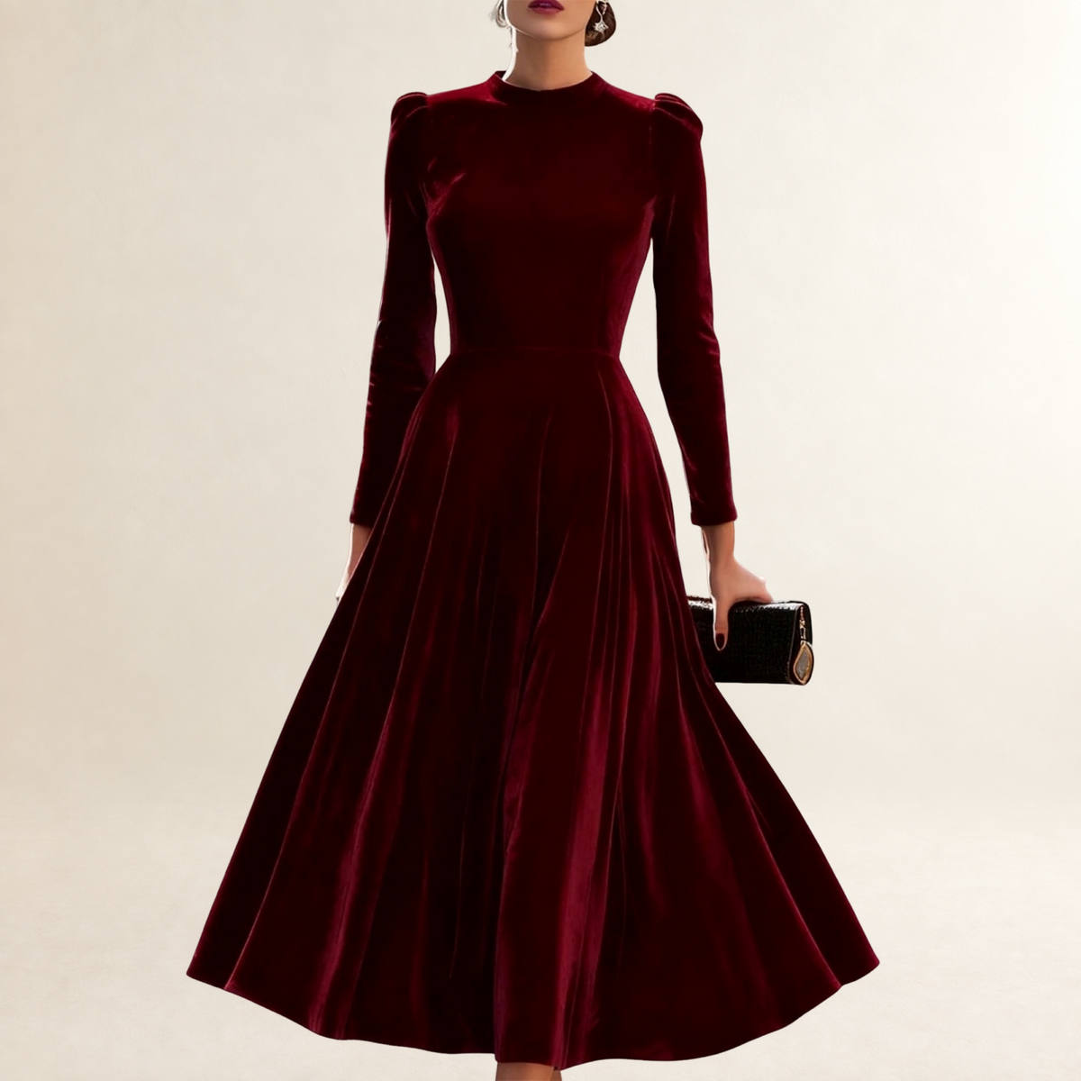 Vestido midi feminino de manga longa com decote modesto e saia rodada