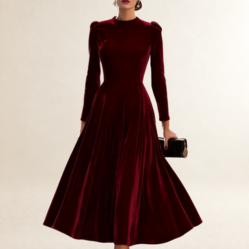Vestido midi feminino de manga longa com decote modesto e saia rodada