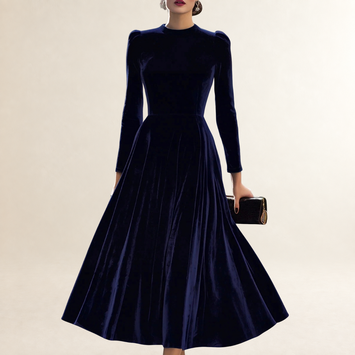 Vestido midi feminino de manga longa com decote modesto e saia rodada