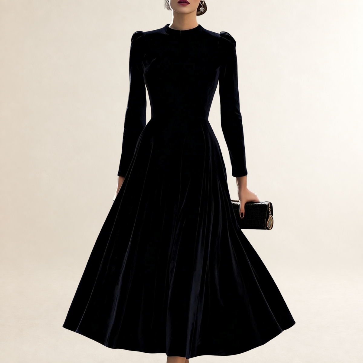 Vestido midi feminino de manga longa com decote modesto e saia rodada