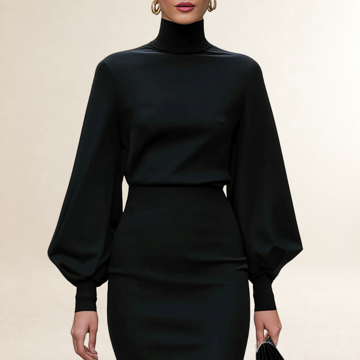 Vestido midi feminino de manga longa com gola alta e saia lápis ajustada