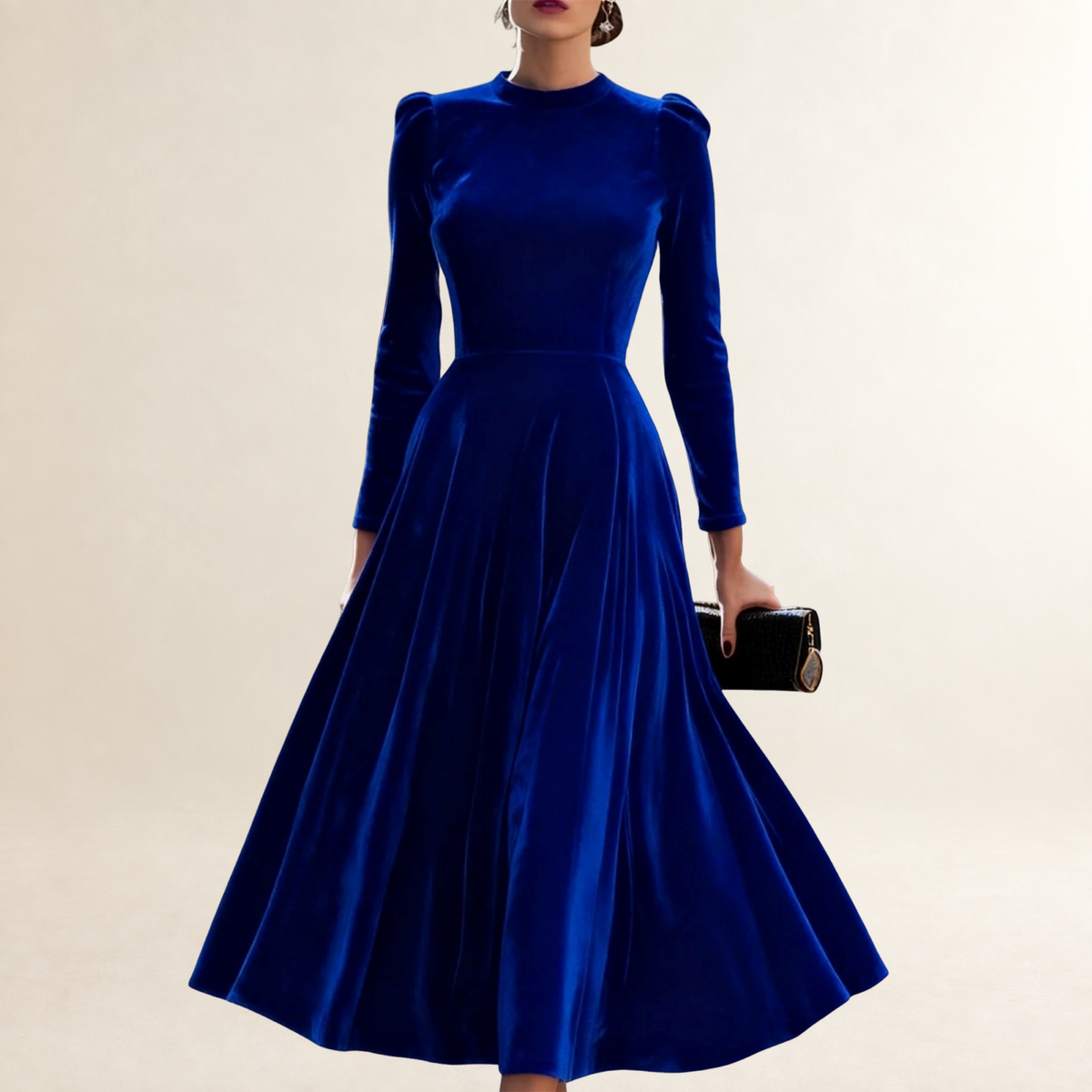 Vestido midi feminino de manga longa com decote modesto e saia rodada