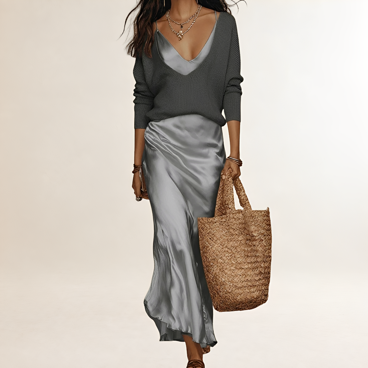 Vestido midi feminino de manga longa e decote V com silhueta ajustada