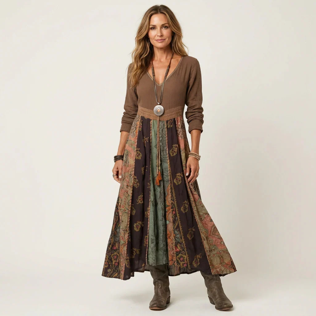 Vestido Midi Feminino decote V com mangas longas, cintura império e saia com painéis patchwork, caimento relaxado