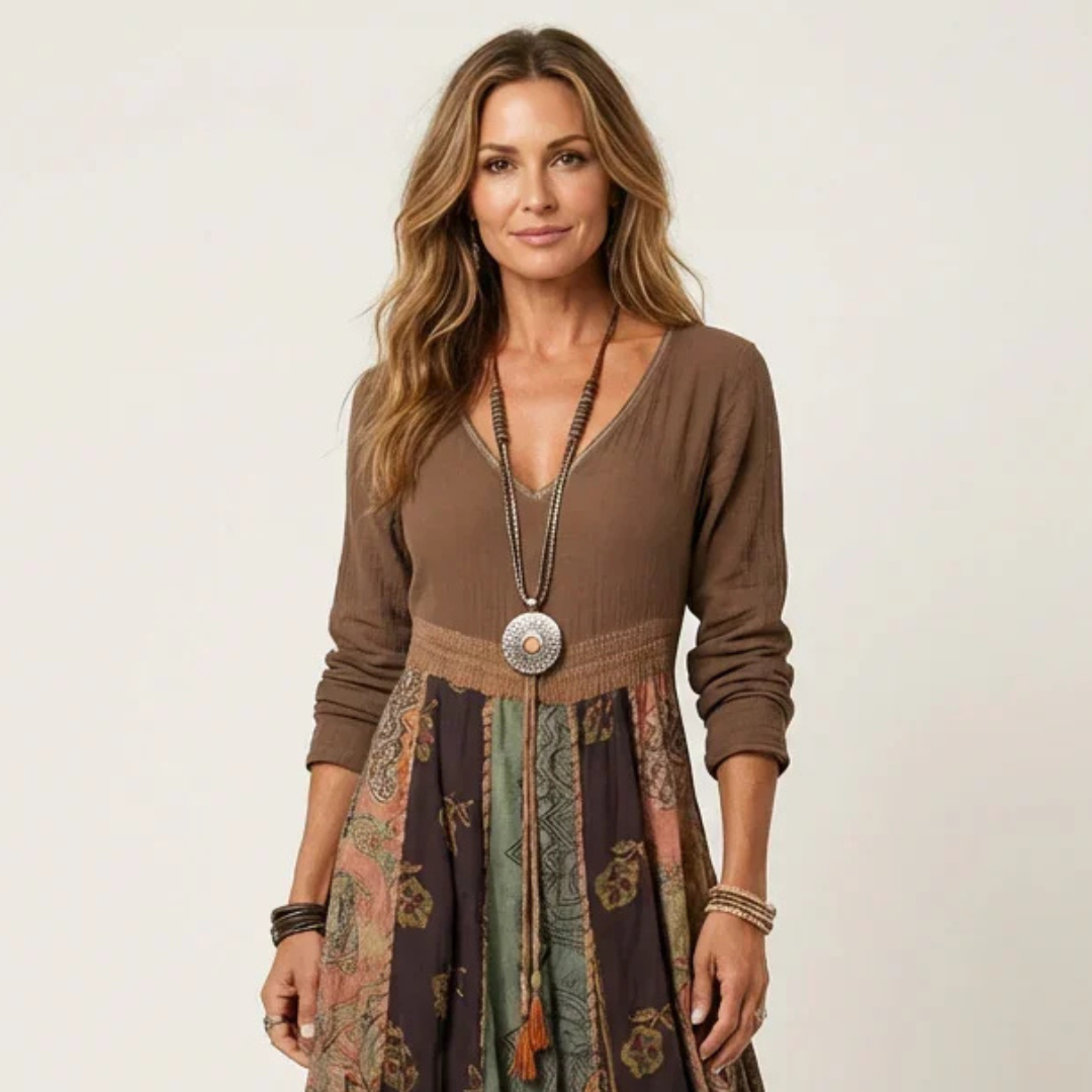 Vestido Midi Feminino decote V com mangas longas, cintura império e saia com painéis patchwork, caimento relaxado
