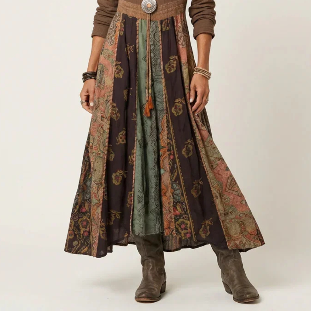 Vestido Midi Feminino decote V com mangas longas, cintura império e saia com painéis patchwork, caimento relaxado