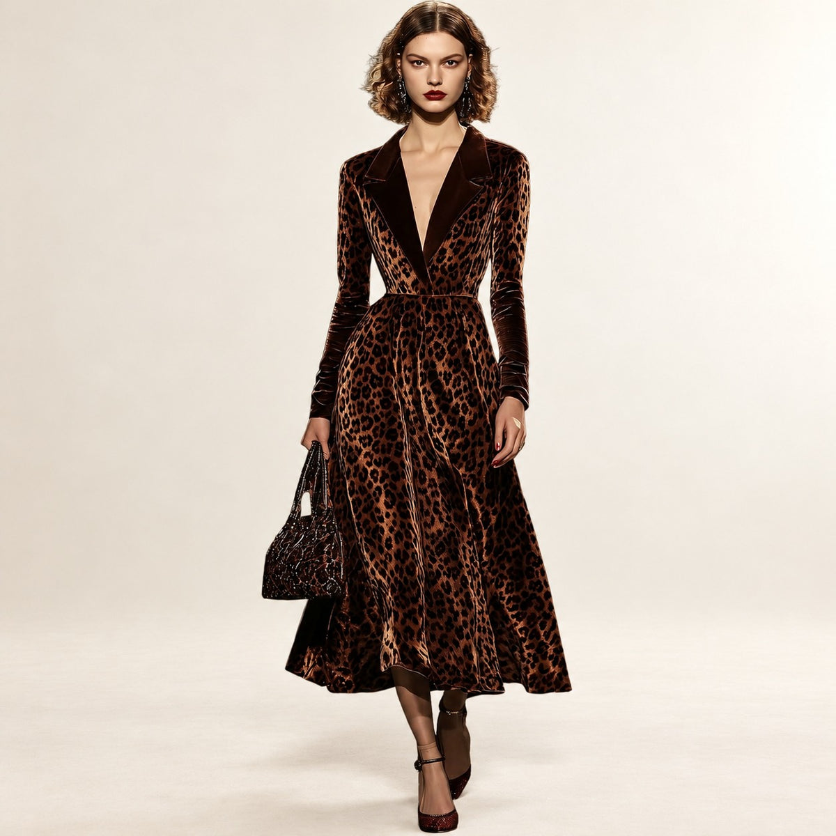 Vestido midi feminino lapela e estampa de leopardo corte ajustado na cintura