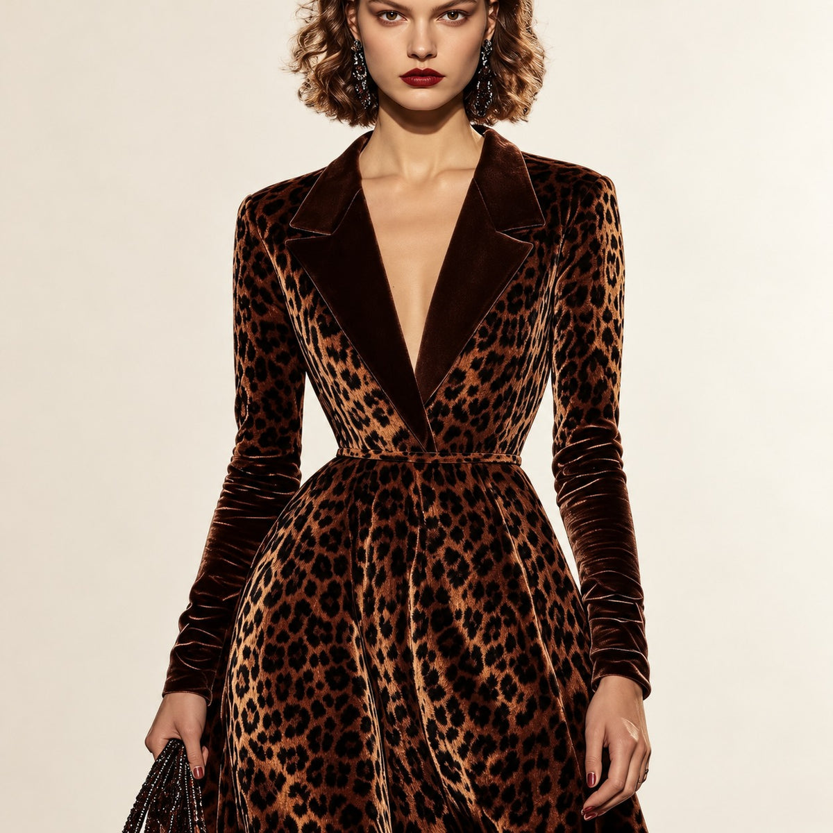 Vestido midi feminino lapela e estampa de leopardo corte ajustado na cintura