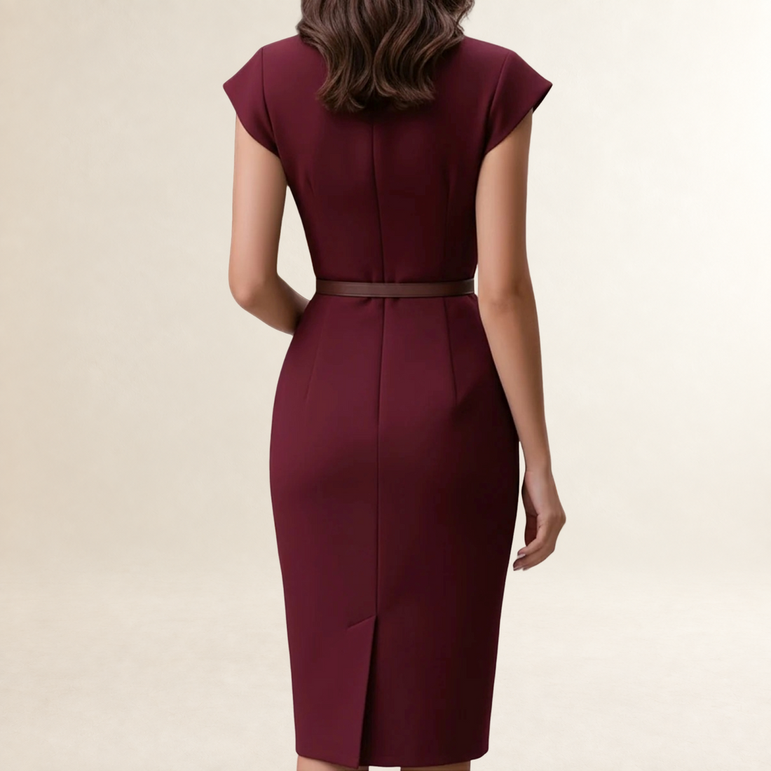 Vestido midi feminino manga curta com decote V profundo, cintura com cinto e modelagem ajustada