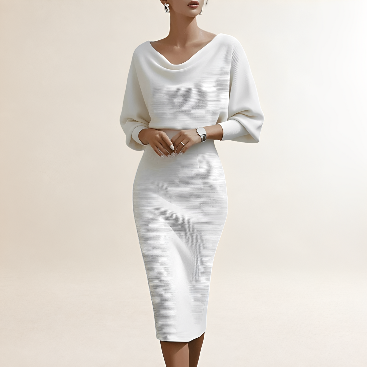 Vestido midi feminino manga longa decote drapeado com gola cowl ajustado na cintura