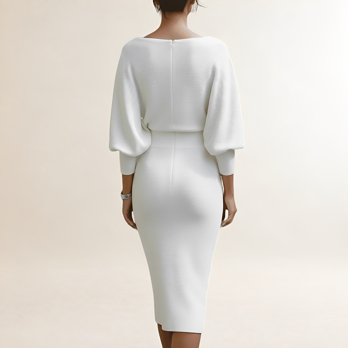 Vestido midi feminino manga longa decote drapeado com gola cowl ajustado na cintura