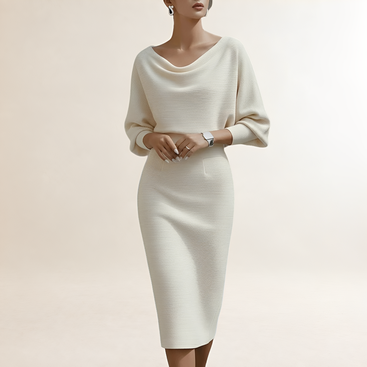 Vestido midi feminino manga longa decote drapeado com gola cowl ajustado na cintura