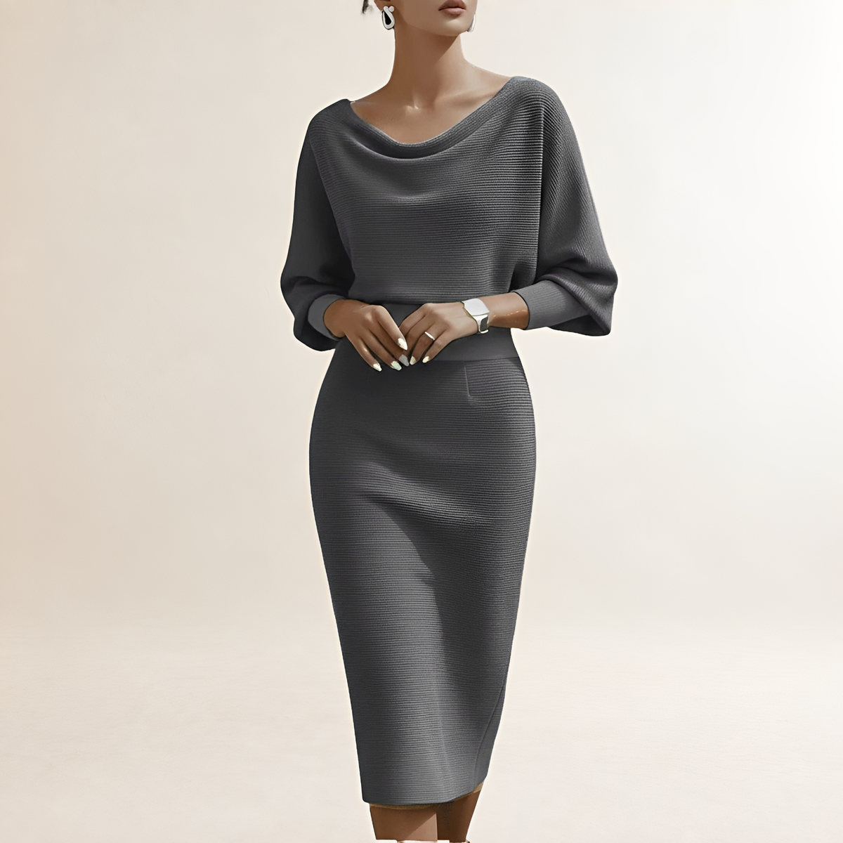 Vestido midi feminino manga longa decote drapeado com gola cowl ajustado na cintura