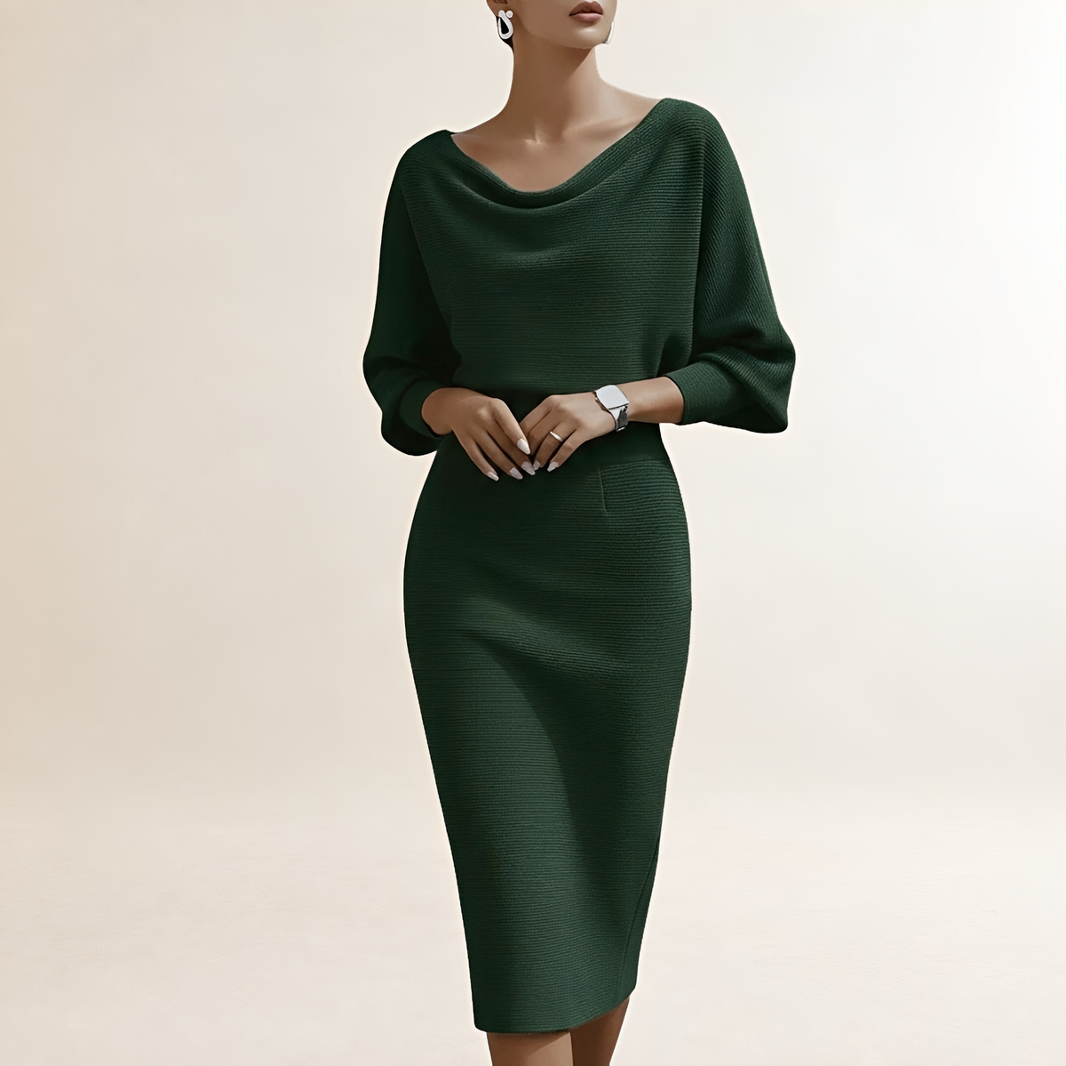 Vestido midi feminino manga longa decote drapeado com gola cowl ajustado na cintura