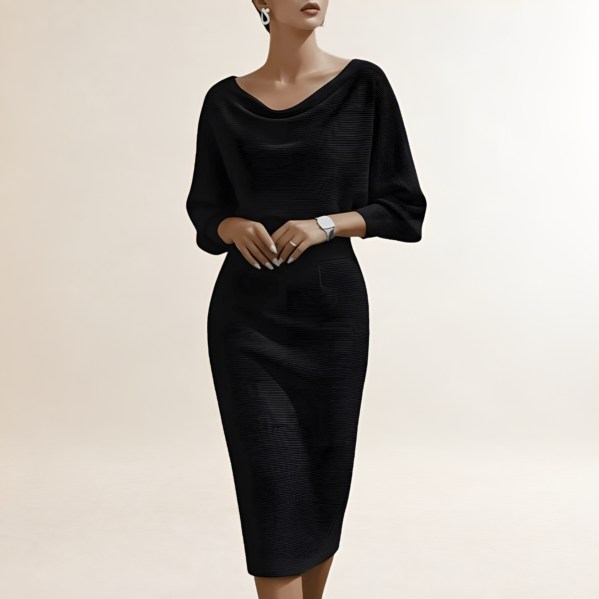 Vestido midi feminino manga longa decote drapeado com gola cowl ajustado na cintura