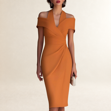 Vestido midi feminino ombro a ombro com decote halter e detalhe franzido na cintura