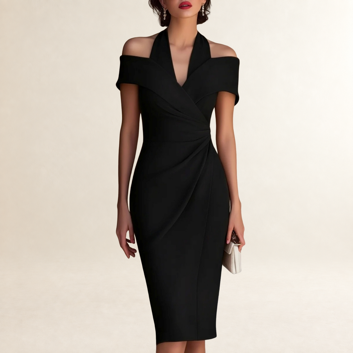 Vestido midi feminino ombro a ombro com decote halter e detalhe franzido na cintura