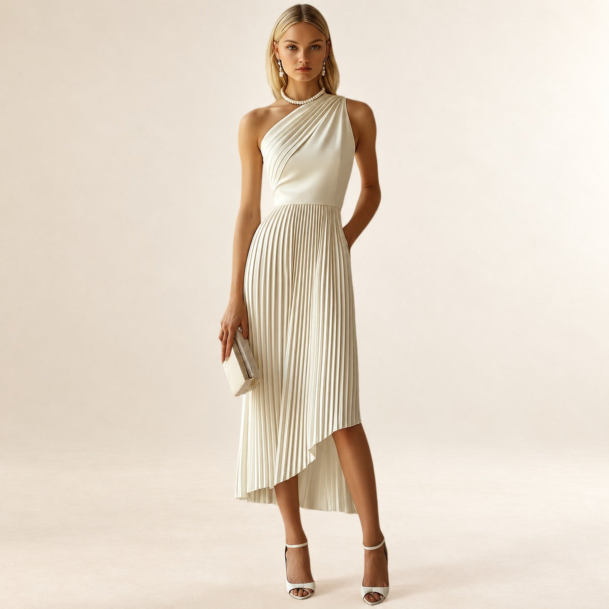 Vestido midi feminino ombro único com pregas e saia de comprimento assimétrico