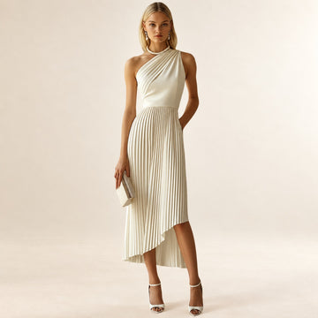 Vestido midi feminino ombro único com pregas e saia de comprimento assimétrico