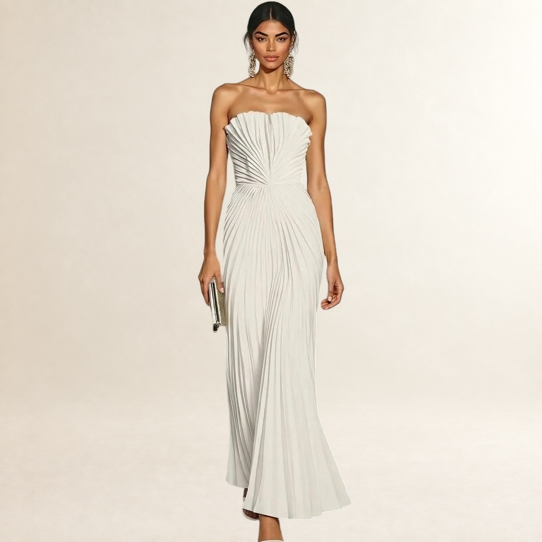 Vestido midi feminino sem alças com pregas, silhueta ajustada e comprimento até o joelho