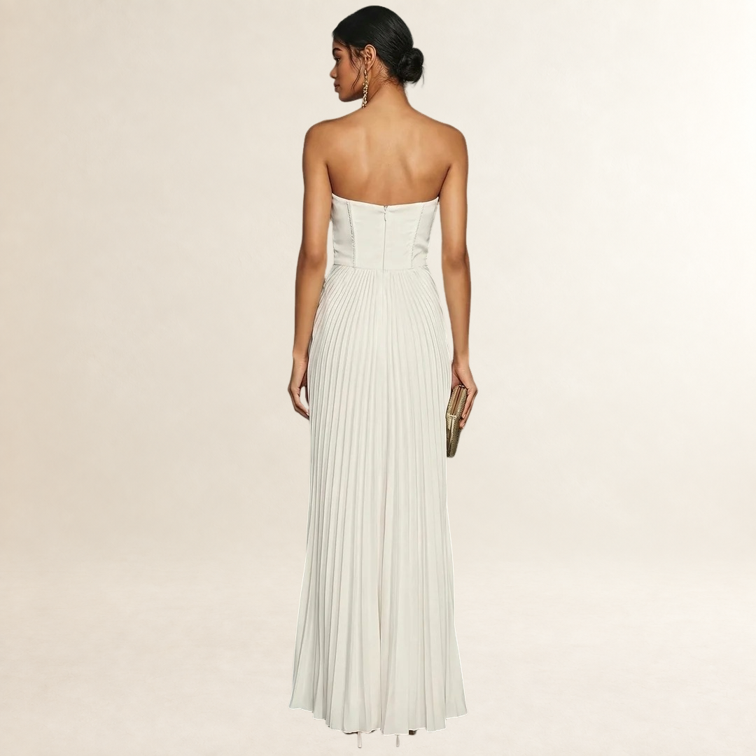 Vestido midi feminino sem alças com pregas, silhueta ajustada e comprimento até o joelho