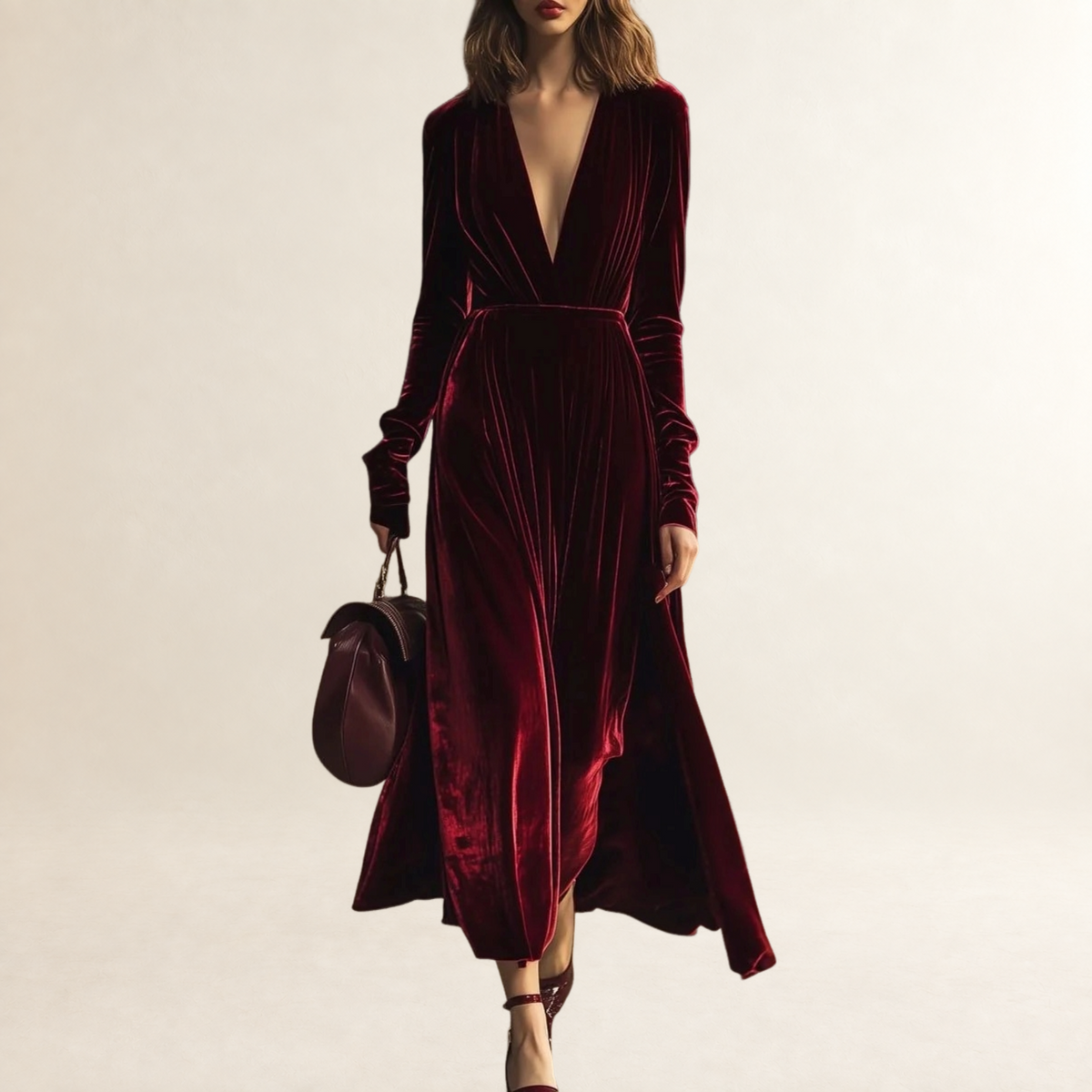 Vestido midi feminino V com mangas longas e saia plissada corte ajustado