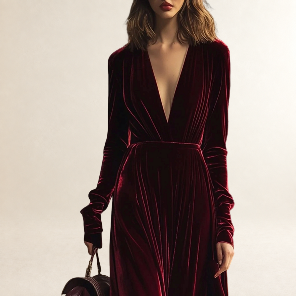 Vestido midi feminino V com mangas longas e saia plissada corte ajustado