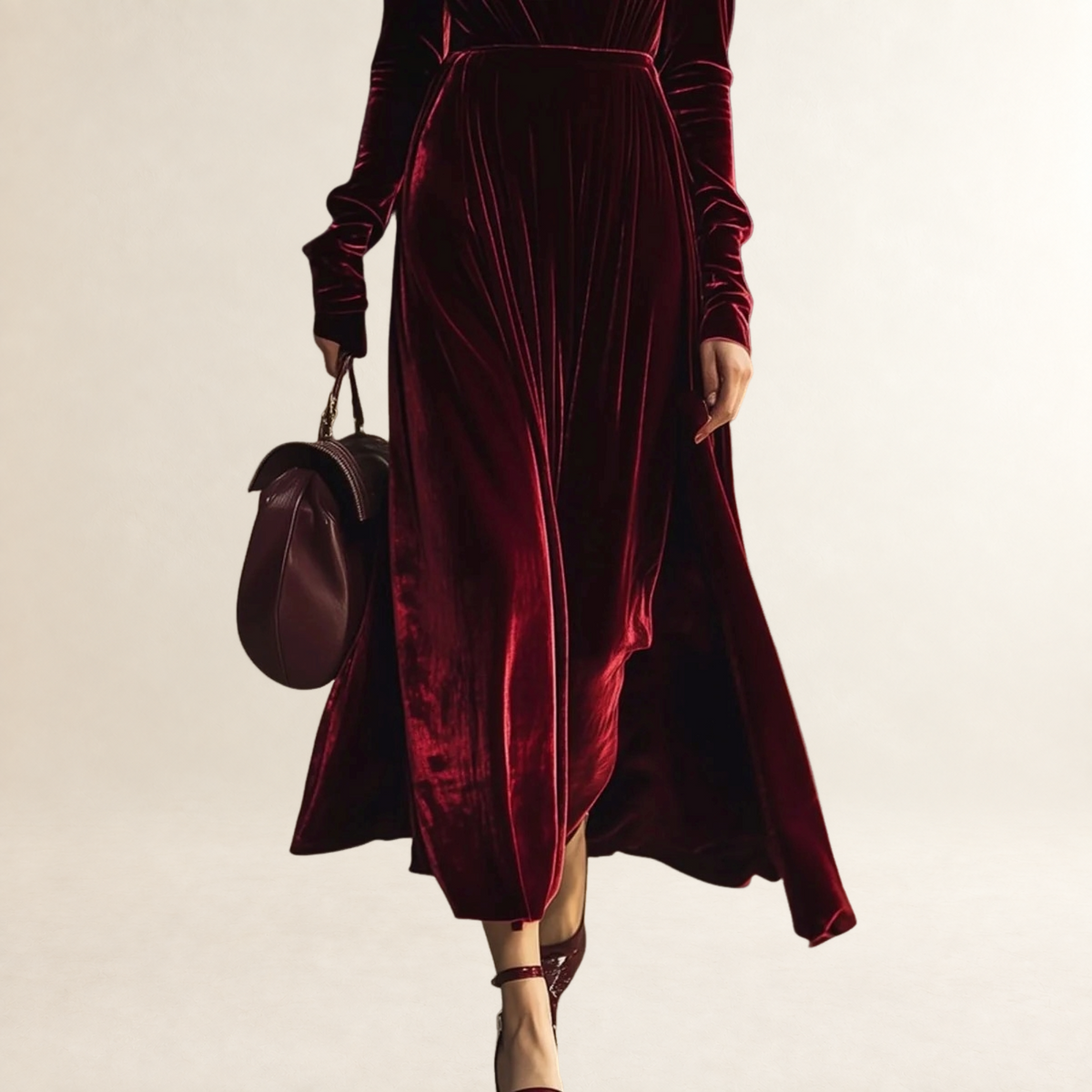 Vestido midi feminino V com mangas longas e saia plissada corte ajustado