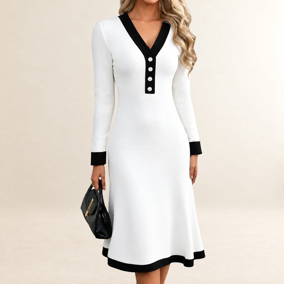 Vestido Midi Mulher decote V com Detalhe de Ilhós e Bolsos Laterais