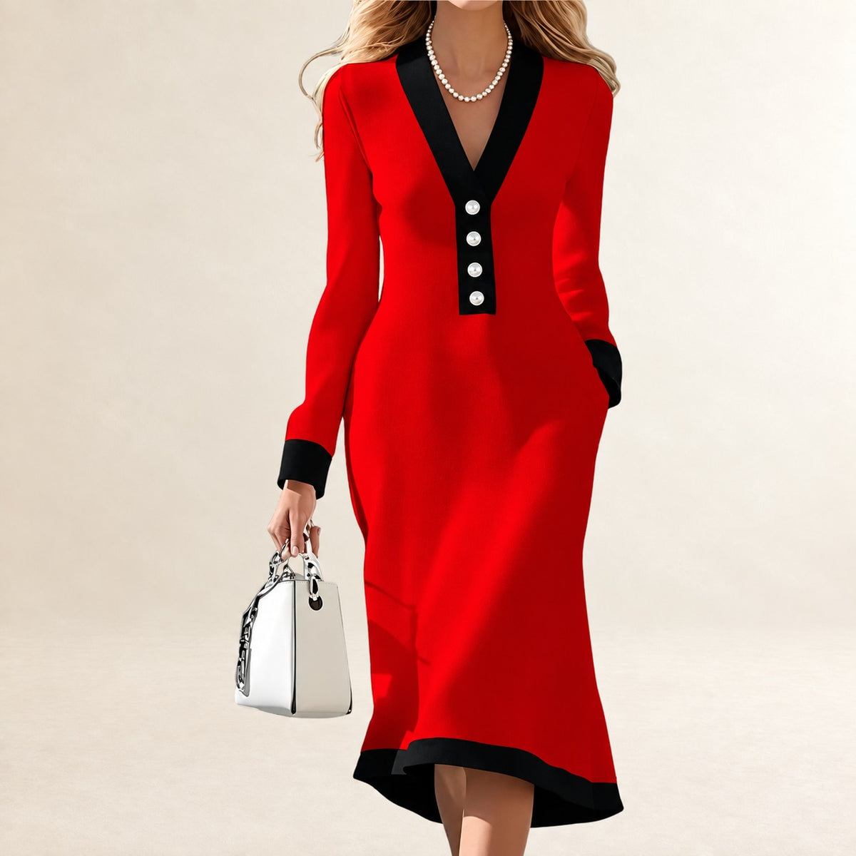 Vestido Midi Mulher decote V com Detalhe de Ilhós e Bolsos Laterais